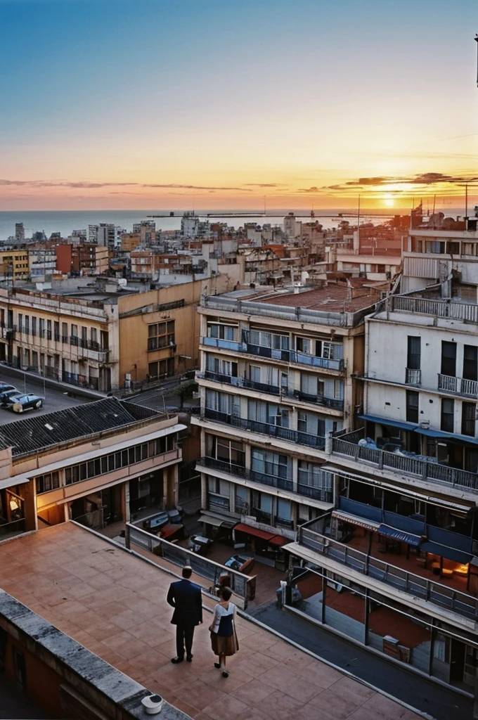 View of the city of Montevideo from a terrace in the city center, year 1960s, vintage, sunset in Montevideo Uruguay