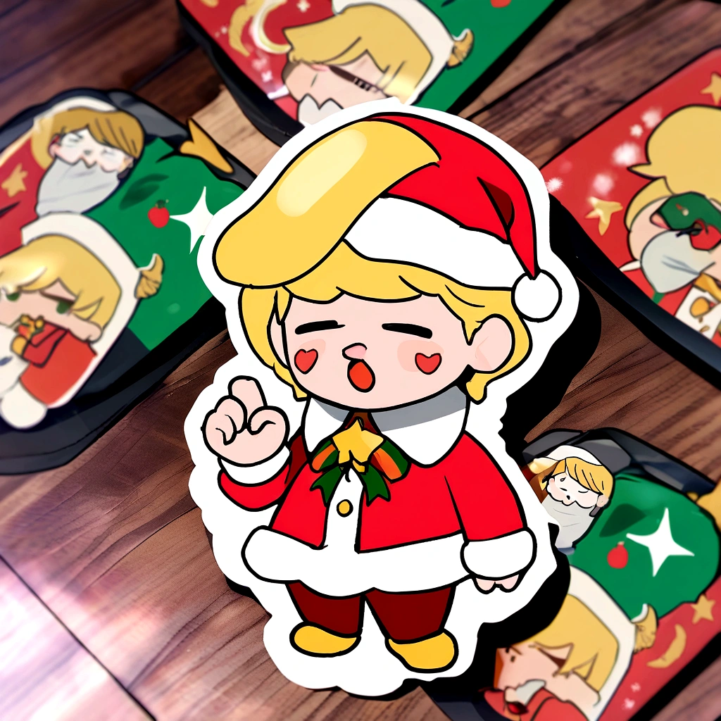 cartoon sticker of Donald Trump dressed as Santa Claus.