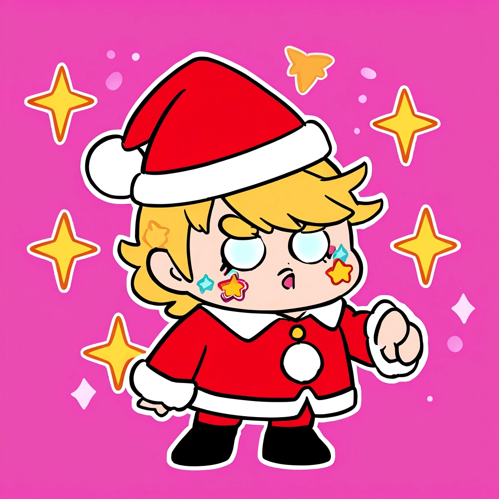 cartoon sticker of Donald Trump dressed as Santa Claus.