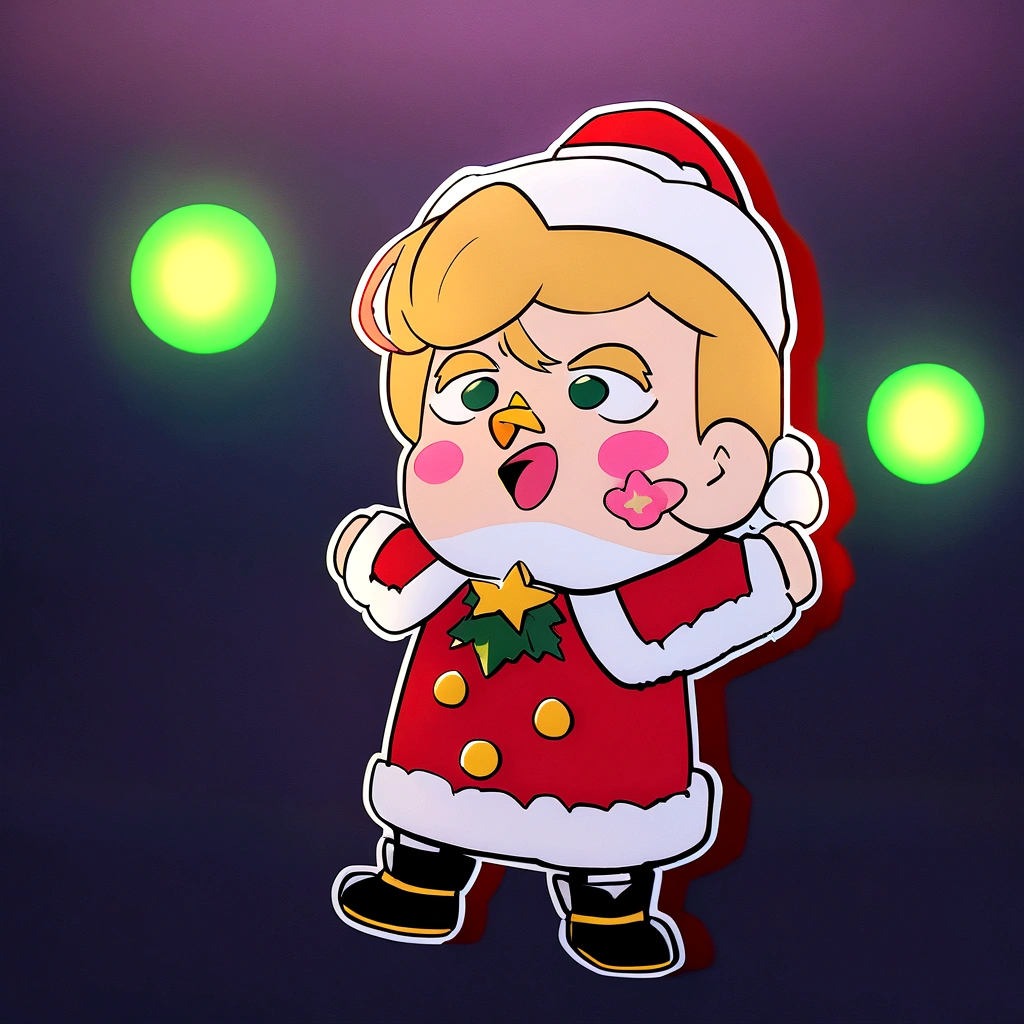 cartoon sticker of Donald Trump dressed as Santa Claus.