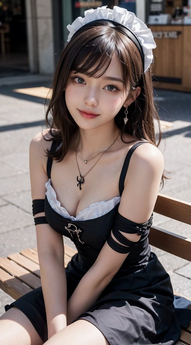 Top-quality Realistic,Official art,Highly detailed CG Unity 8k wallpaper,ultra-detailliert,hight resolution,Physically-based rendering,Magnificat,finely detail,masterpiece,Best Quality,ultra detailed, Face Light,Mature beauty,Beautiful girl,1girl,moist lips,sexy lips,Sexy smile,Gentle smile, 20 years old, Beautiful bare skin,Smooth bare skin,(Beautiful and radiant skin), big well-shaped breasts, beautiful cleavage,beautiful Mature body,swept bangs,(Medium hair:1.3), beautiful detailed eyes,model shoot style,Japanese Idol, Half-body,(In the Shopping mall:1.2),((sitting on the bench seat Near the entrance)),BREAK,nsfw,((Bondage Gothic Maid:1.3)),BREAK,(Heart shaped necklace),(Triangle ornament earrings),BREAK, (gentle smile like a goddess),looking at the camera,shoot from below,seductively posing,(Extreme close-up), sitting, indian style, (show pantie)