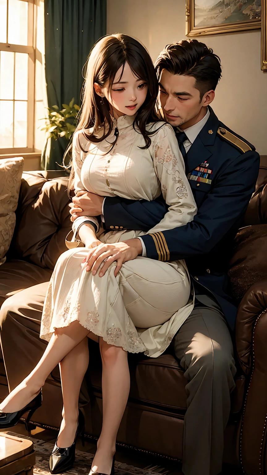 Highest quality、4K quality、Man sitting on sofa、Woman in ancient Roman costume riding man、A man in military uniform hugs a woman&#39;s chest、Man lays hands on woman&#39;between legs、thin、Small face、18-year-old、