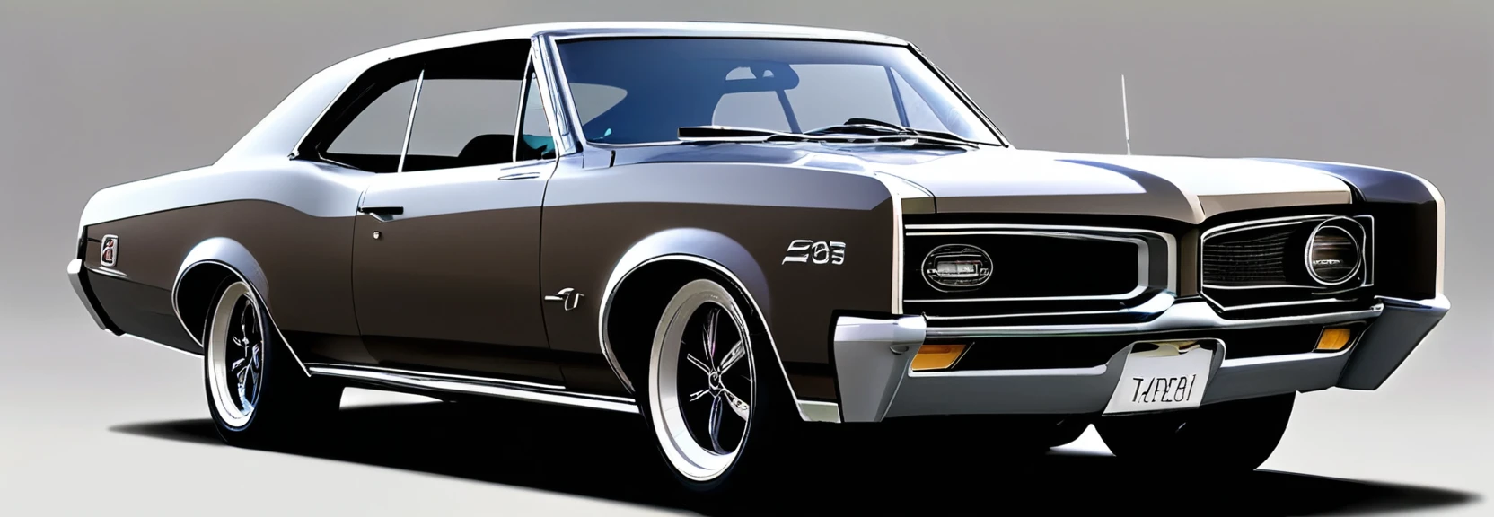 (Top quality, Masterpiece, Exquisite and beautiful, offcial art), Dark Taupe  colored 1967 Pontiac GTO , pop art, cartoonish style , sketch, detailed illustration, large wheels, slammed to the ground, wide body, masterpiece, highly detailed ((([simple  grey background])))
