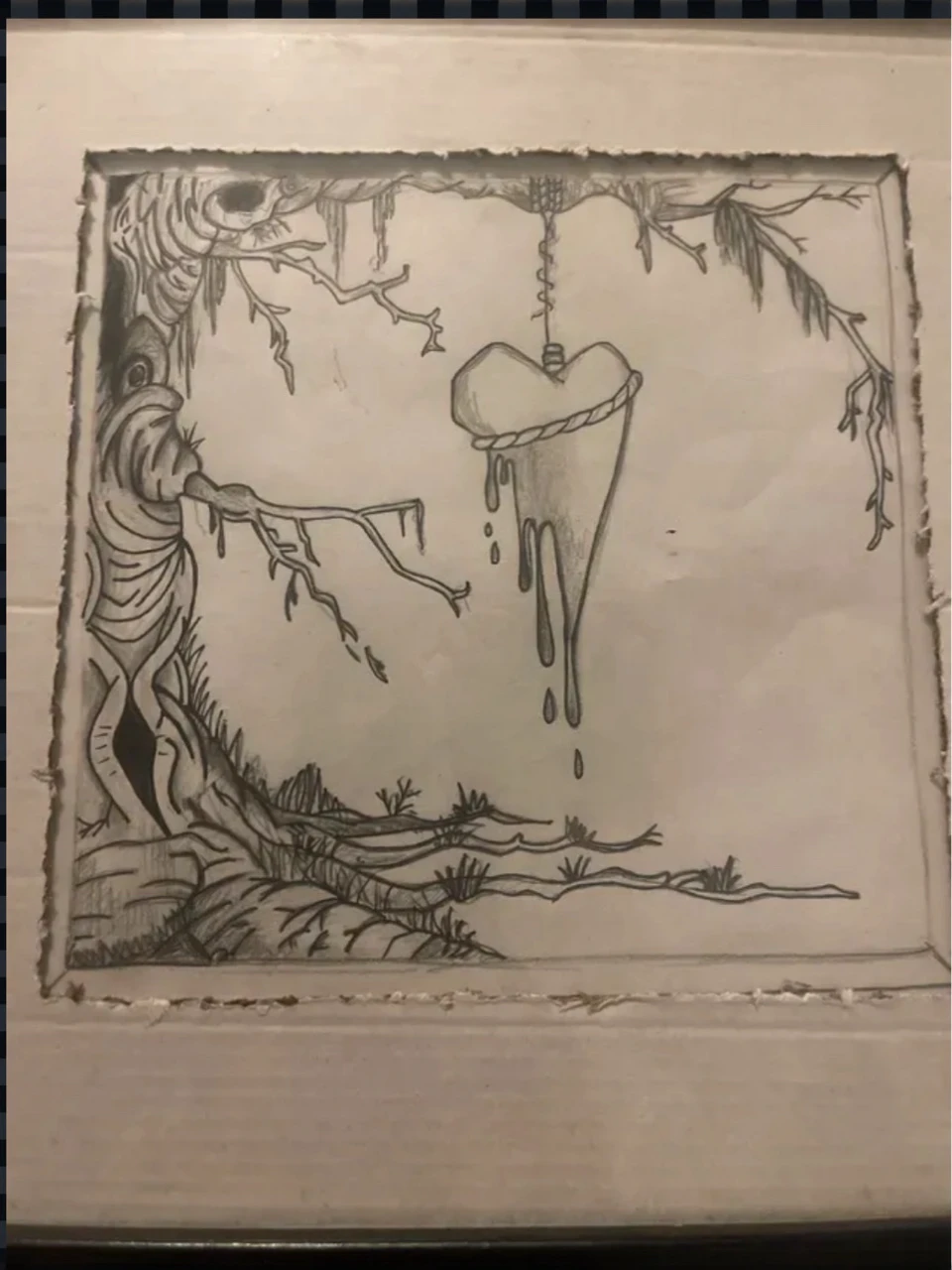 a heart hanging from a willow tree, monochromatic sketch, pencil sketch, detailed graphite drawing, willow tree, delicate leaves, dramatic lighting, somber atmosphere, moody tones, intricate linework, melancholy mood, atmospheric, emotive, expressive, dark and moody, high contrast, dramatic shadows, minimal color palette, black and white, greyscale, atmospheric lighting