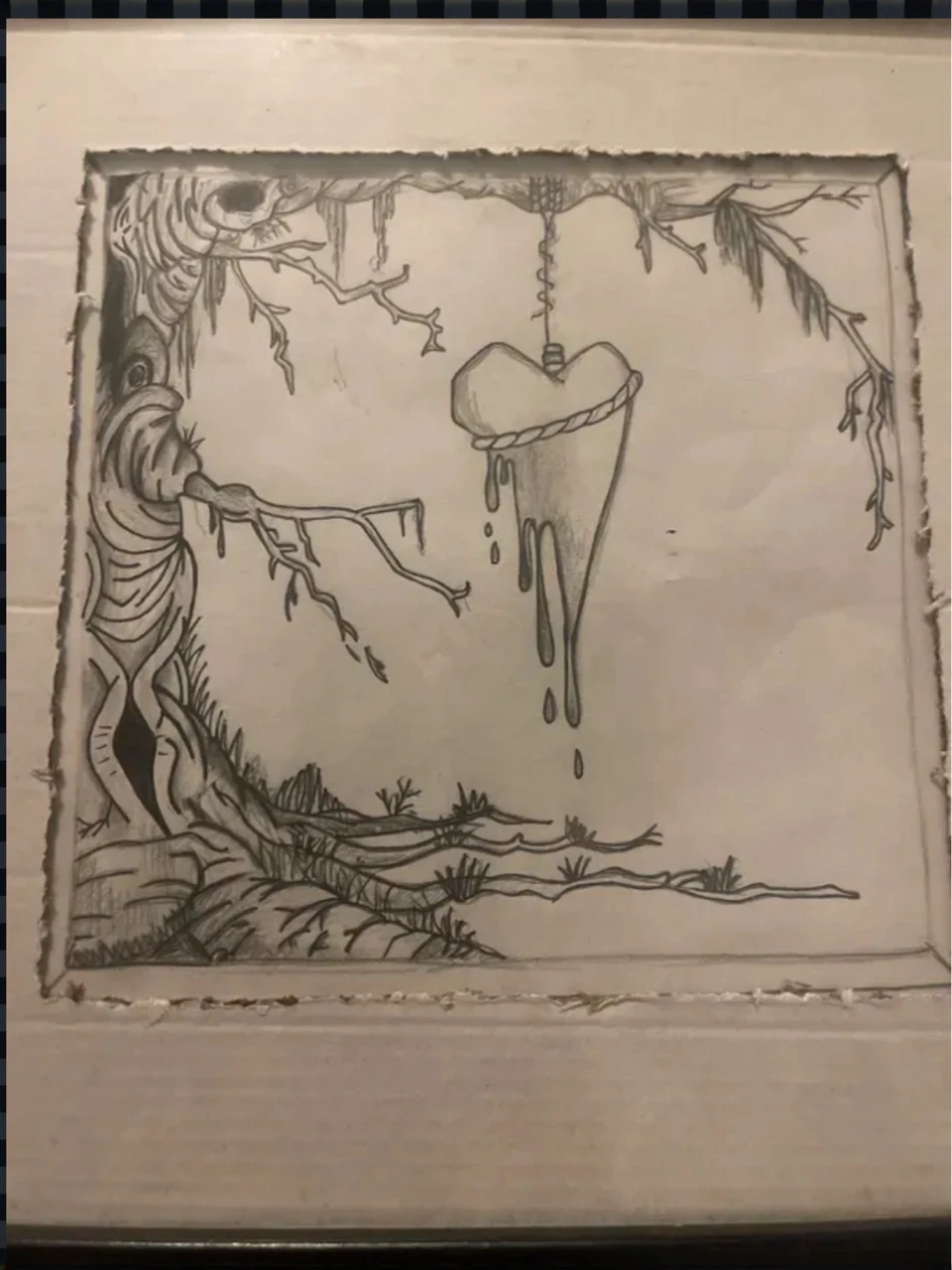 a heart hanging from a willow tree, monochromatic sketch, pencil sketch, detailed graphite drawing, willow tree, delicate leaves, dramatic lighting, somber atmosphere, moody tones, intricate linework, melancholy mood, atmospheric, emotive, expressive, dark and moody, high contrast, dramatic shadows, minimal color palette, black and white, greyscale, atmospheric lighting