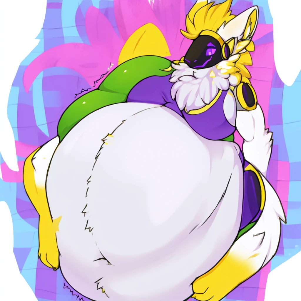 muscular Female Protogen wearing gym clothing, has white fur, has yellow mechnical parts, has purple eyes, fat, overweight, massive belly, vore, huge stomach, no bra, huge boobs, big breasts, gigantic stuffed , gigantic stuffed stomach