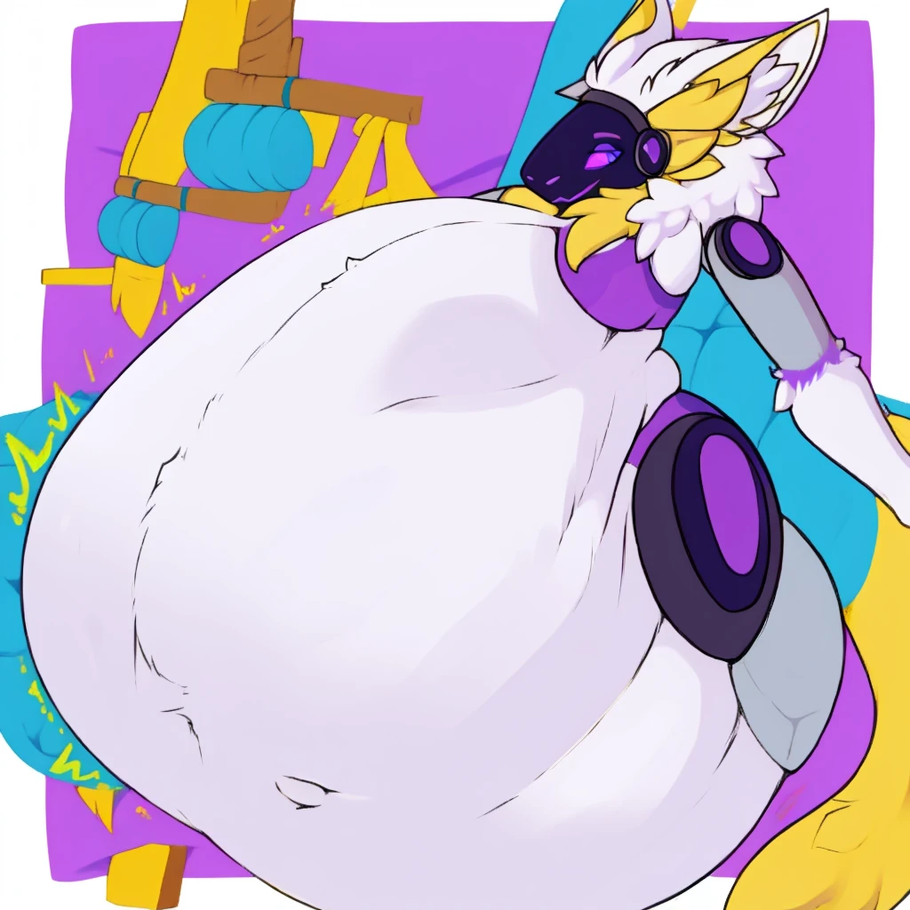 muscular Female Protogen wearing gym clothing, has white fur, has yellow mechnical parts, has purple eyes, fat, overweight, massive belly, vore, huge stomach, no bra, huge boobs, big breasts, gigantic stuffed , gigantic stuffed stomach