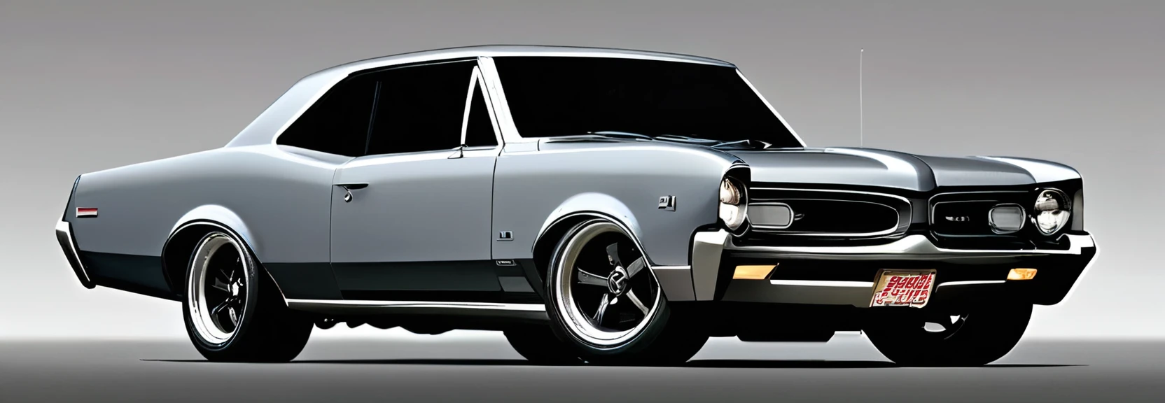 (Top quality, Masterpiece, Exquisite and beautiful, offcial art), Dark Taupe  colored 1967 Pontiac GTO , pop art, cartoonish style , sketch, detailed illustration, large wheels, slammed to the ground, wide body, masterpiece, highly detailed ((([simple  grey background])))
