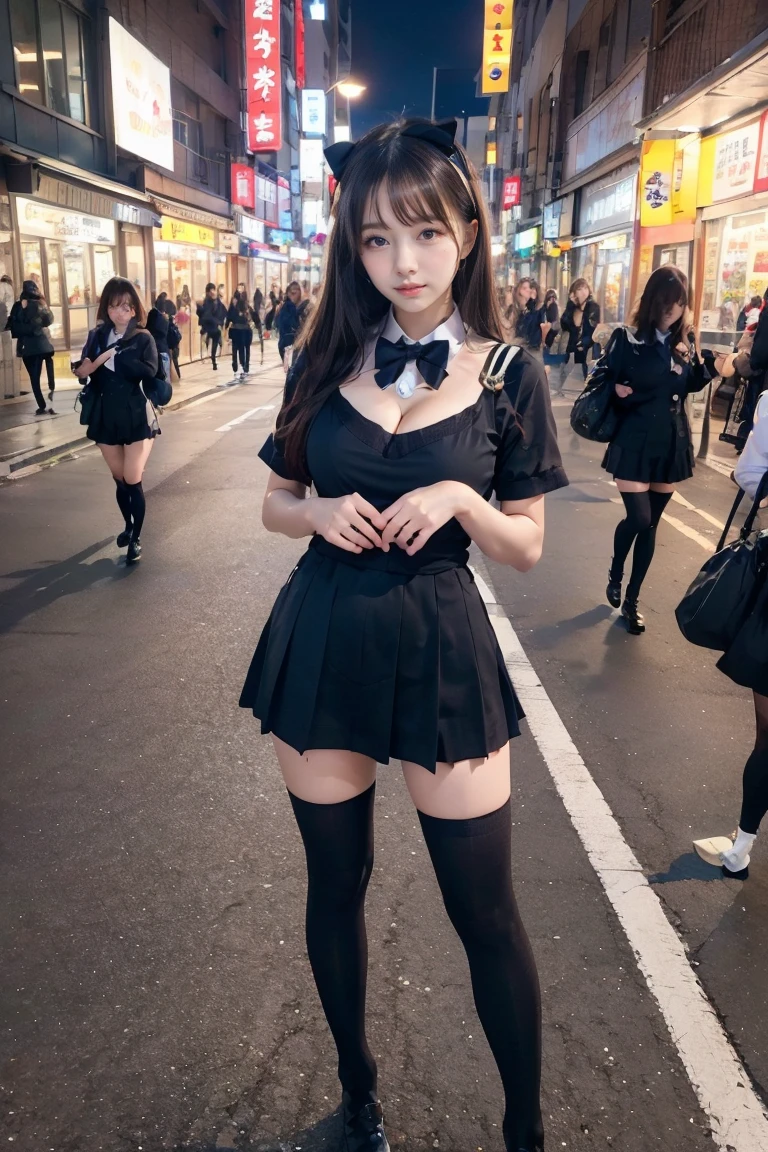High angle shot、Street Snap、Standing in the neon city at midnight、A baby-faced woman wearing a short skirt and a bow tie(expensive)There are three gal girls、(Three Girls)、Amazingly cute 、Guts Pause、Micro Sailor Suit、Winter clothes、Japanese school black uniform、(Large Breasts)、(Her big cleavage is exposed)、Surreal woman, girl in uniform、Wearing a dark blue uniform、 Pause、Esbian all over、Beautiful skin、Glowing Skin、Nice thighs、Long legs、(wide thighs)、(Micro hining thighs、With garter、(Opaque black knee-high socks)、((Everyone)(I always wear black knee-high socks..))、I'm wearing leather shoes、Japanese High School 、Nogizaka Idol、Korean Idol、I invite you in、Inviting eyes