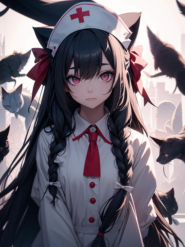 long hair, low-tied long hair, nurse cap, eyeball, The wide eyes, Cat's ears, make up, Surrealism, Surrealism, Contemporary art, 真实感, image fill, silhuette, Bright dark, First person view, f/1.8, ultra HD, work of art, 16K, 8K