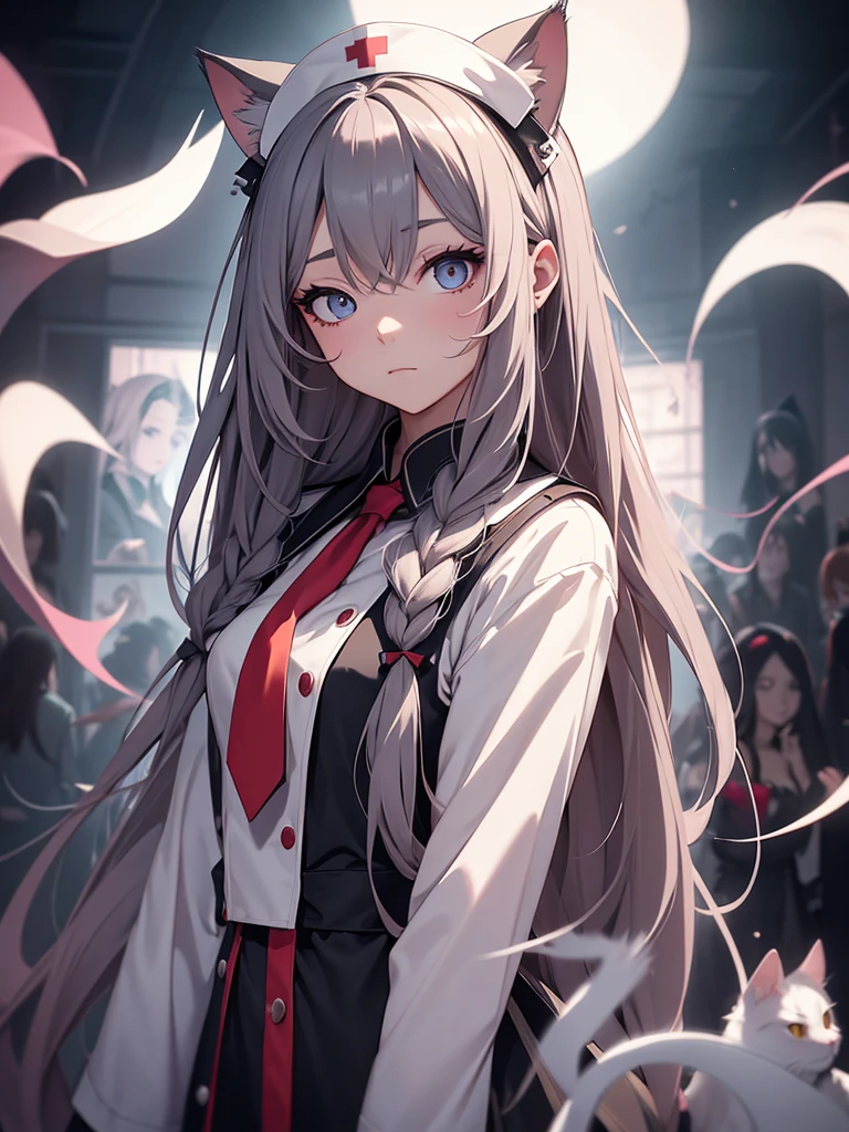 long hair, low-tied long hair, nurse cap, eyeball, The wide eyes, Cat's ears, make up, Surrealism, Surrealism, Contemporary art, 真实感, image fill, silhuette, Bright dark, First person view, f/1.8, ultra HD, work of art, 16K, 8K