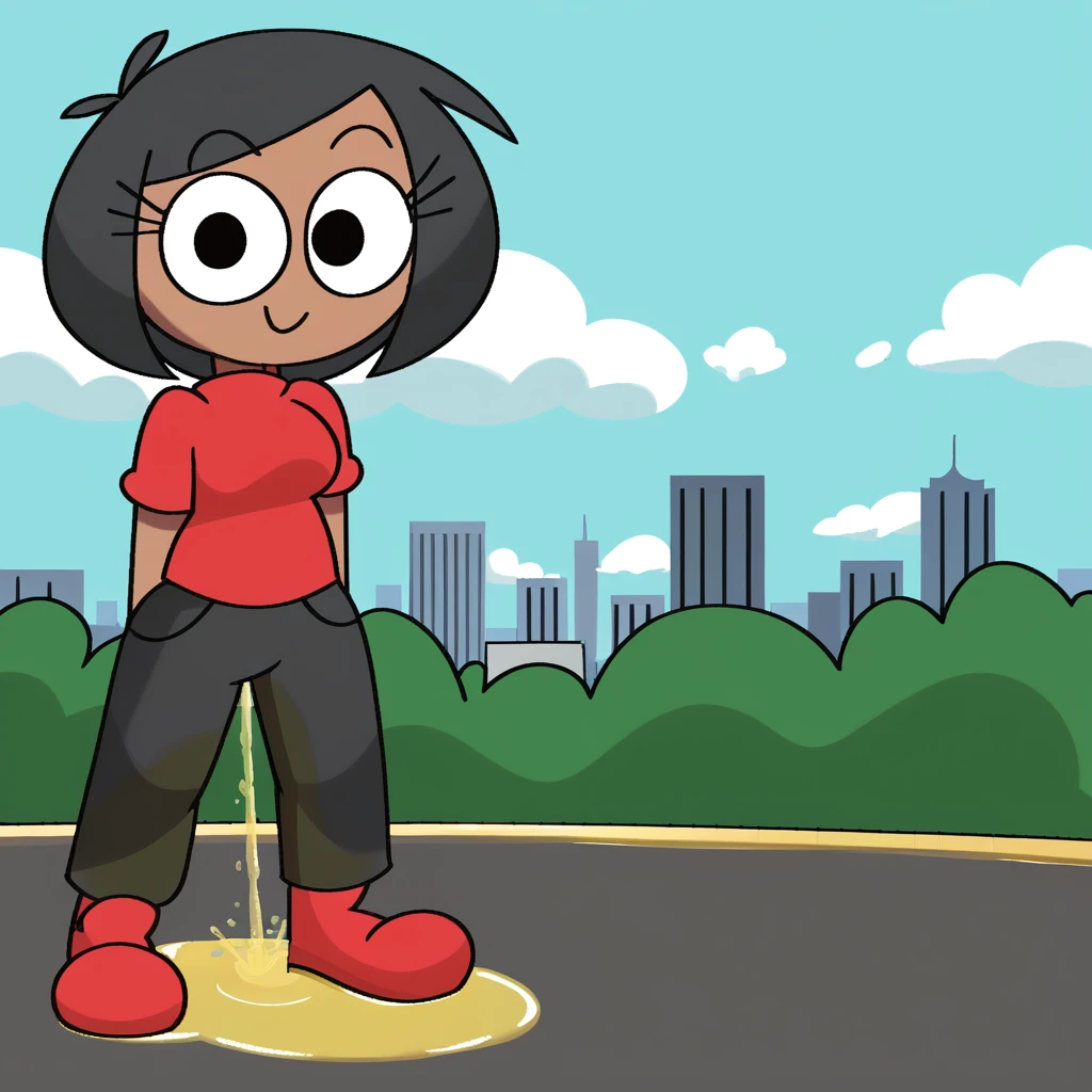 zPDXL, flat colors, cel shading, vector, shadows, clouds, source_cartoon, detailed background, green background, cityscape, park, sun, 1girl, solo, rob_(\vilepluff\), dark skin, eyelashes, medium breasts, black hair, bob cut, shiny skin, red shirt, grey pants, red shoes, standing, full body,, looking at viewer, smile,   ((wetting self, pee stains, yellow puddle))