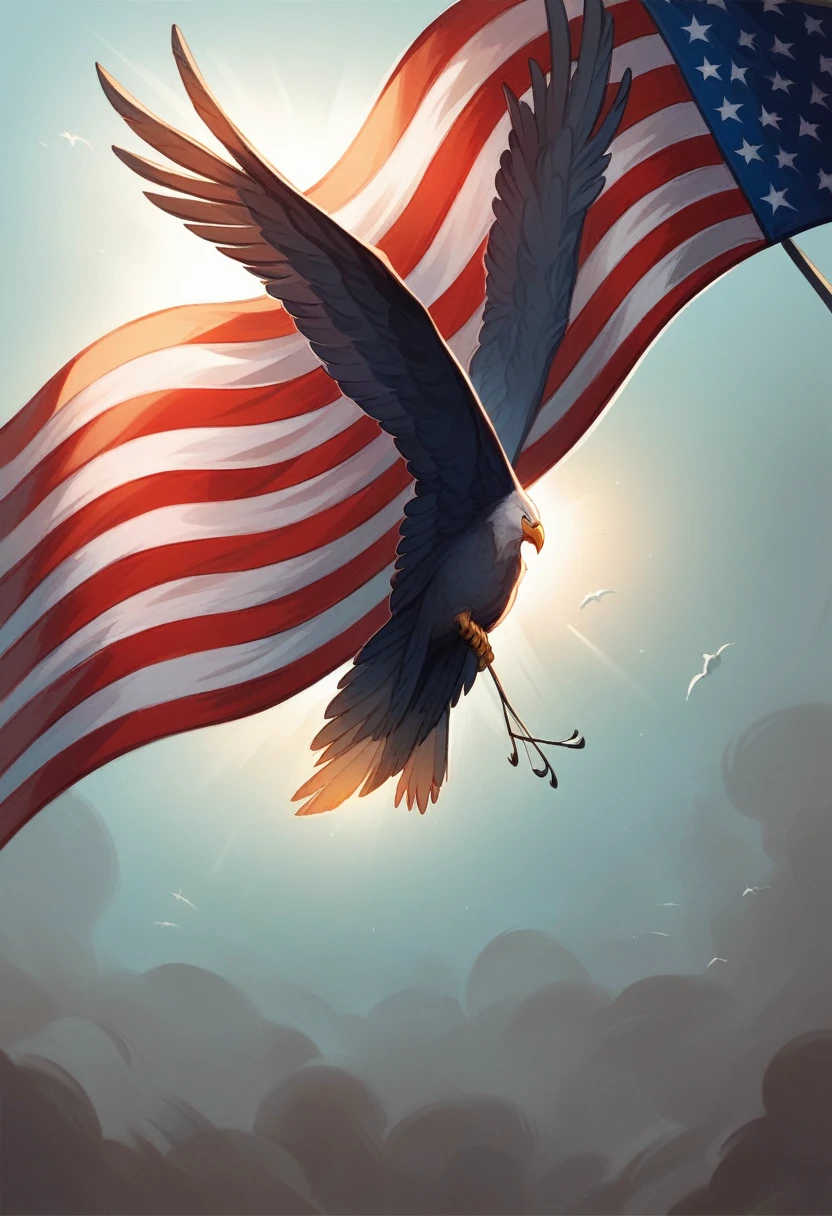  large american flag original flag stripes red, blues, Whites, brown royal eagle american flyng symbol, amidst intricate mechanical details, , natural lighting, canonical lens, Shot on DSLR megapixels sharp focus