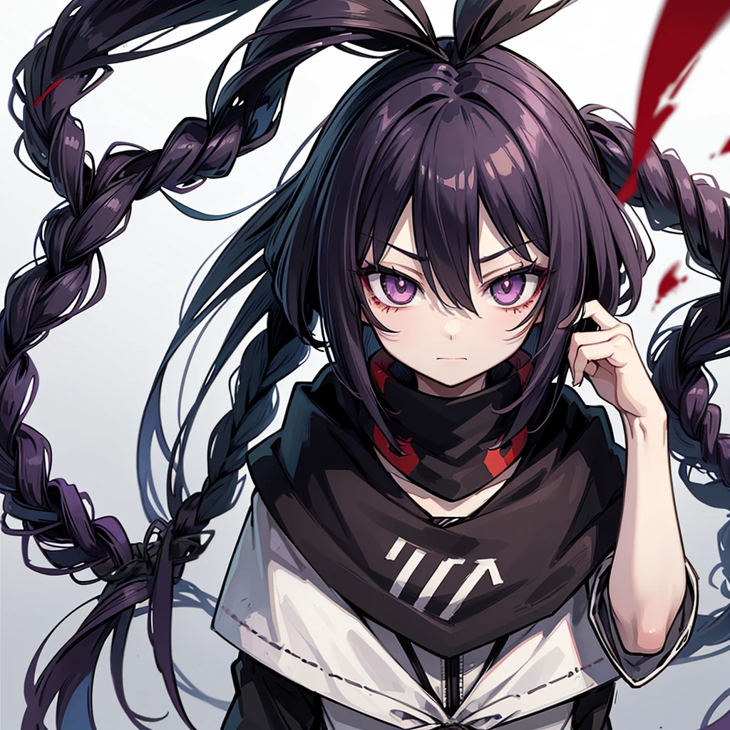 girl similar to gorillaz noodle, long black hair with braids ((drawing)), ((anime girl nose)) , Create an anime-style character with long, unkempt, dark purple hair that partially covers the face. The character should have large, dark eyes with a scary, lifeless expression. The face and upper body should be covered in blood , stained and splattered on the skin and hair, with special focus on the blood around the mouth and eyes. The character must have a mixture of a dark smile and a vacant look, creating a disturbing brown and black atmosphere, emphasizing the mysterious presence of the character. character."