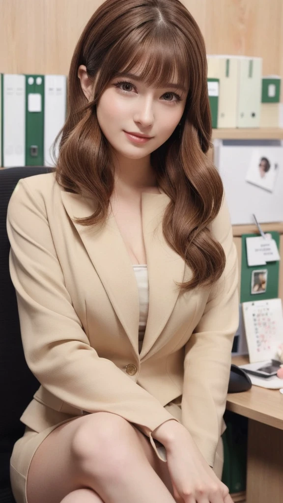 (RAW Photos, Highest quality), (Realistic, photo-Realistic:1.3), masterpiece, Very delicate and beautiful, Very detailed, CG, Unity , 2k wallpaper, wonderful, In detail, A light smile, Very detailed CG Unity 8k wallpaper, Large file size, Very detailedな, High resolution, Absurd, Soft Light, (((Brown Hair、Medium Hair:1.3), Short bangs, NovaFrogStyle)), Beautiful detailed girl, Detailed fingers, Very detailed eyes and face, Beautiful and detailed nose, Beautiful details, Long eyelashes, Light on the face, Show Viewer,((Office Suits:1.5)), One Girl, cute, young, Adult face, (whole body:1.3), Realistic face, Realistic body, Beautiful thigh detail,