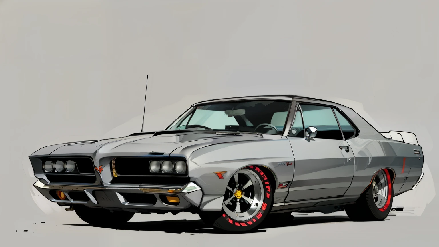 Destroyer Grey 1967 Pontiac GTO , pop art, cartoonish style , sketch, detailed illustration, large wheels, slammed to the ground, wide bodykit, masterpiece, highly detailed ((([simple  grey background])))
