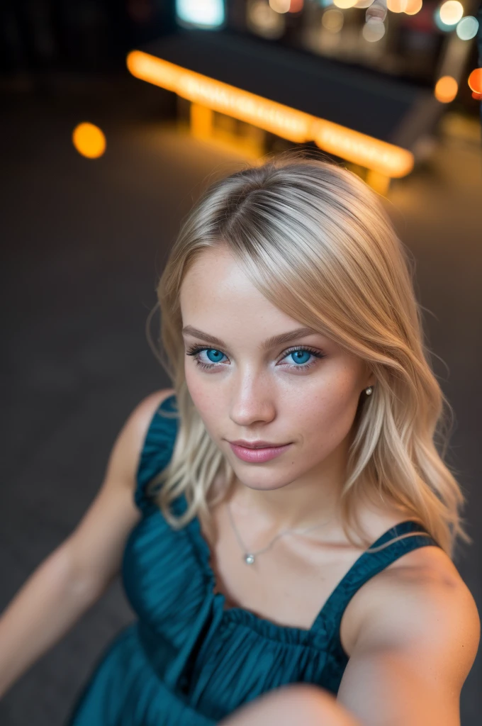 (Selfie Photo, from above:1.4), (half body postrait:1.4), RAW uhd portrait photo of a 24-year-old blonde (blue-eyed woman) walking down a dark alley, natural breasts_b, nighttime city background, (blue sundress), (neckline), detailed (Textures!, Hair!, shine, color!!, Imperfections:1.1), highly detailed glossy eyes, (looking to the camera), specular lighting, DSLR, Ultra quality, sharp focus, thanks sharp, DOF, film grain, (centered), Fujifilm XT3, clear as crystal, Center of the frame, Beautiful face, sharp focus, streetlight, neon lights, bokeh, (dimly lit), low key, At night, (night sky) detailed skin pores, oiled skin, tan, intricate eye detail