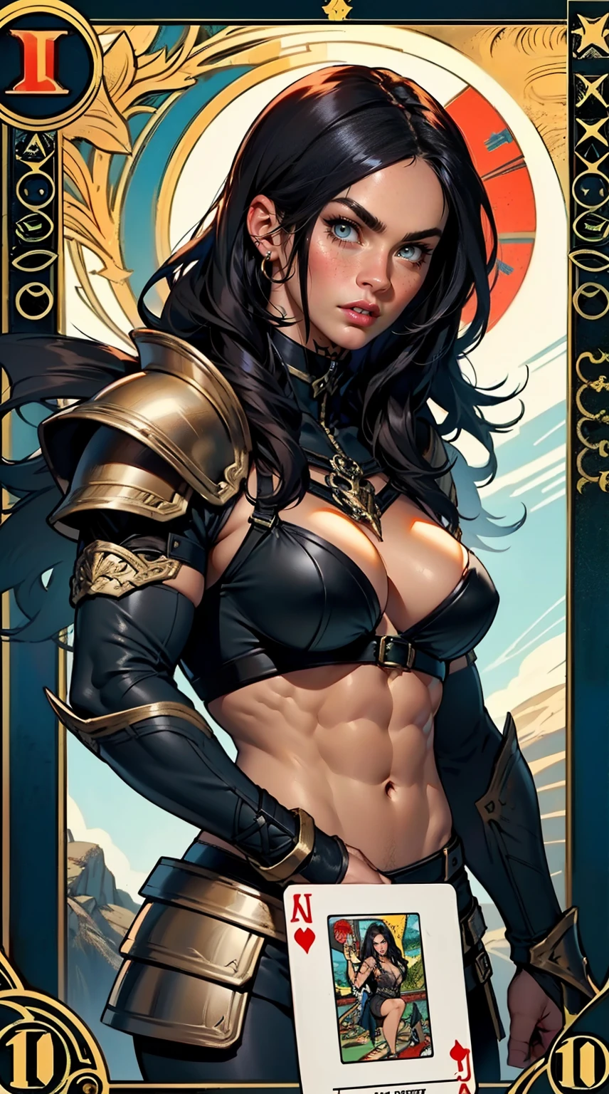 (megan fox:1.25), (muscular:1.5), (full body view:1.25), (masterpiece:1.1), (best quality:1.1), (ornate:1.1), (red and black armor:1.26), (horror:1.0), (esoteric:1.1), (solo:1.4), (dynamic angle:1.0), (cowboy shot:1.0), (woman:1.1),(very muscular bodybuilder girl:1.25), (huge upper body:1.25), (narrow hips:1.0), long hair, (gothic intricate vampiric armor:1.25), (gauntlets:1.0), (shoulder armor:1.1), ((tarot style frame:1.25)), (glowing red eyes:1.25), (huge muscular arms:1.5,), (10-pack abs:1.4), (lots of veins:1.25), thin legs, Realistic, Very detailed face and eyes, masterpiece, (beautiful girl face:1.25)
