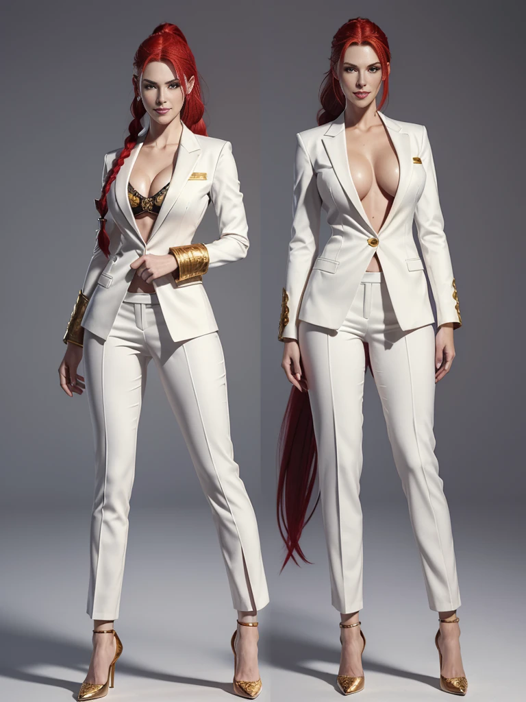 ((best quality)), ((4k)), ((highres)), ((masterpiece:1.2)). ((detailed)), ((ultra realistic)), ((intricate details)), ((full body picture)), ((character design sheet)), ((blank background)), ((standing in a blank background)), solo character, a full body shot of a sexy pale female, inhuman pale skin, pasty white skin, ((vampire pale skin))), ((ghostly pale skin like kratos from god of war)), redhead, ((vivid red hair)), SLEEK braided ponytail, ((SLEEK braided ponytail)), thin braid, slicked back hair, sexy and dangerous, evil smile on her face, ((evil smile)), about 30 years old, about 6'0 ft tall, athletic frame, character concept art, female executive, white blazer suit, white dress pants, work pants, white outfit with black details and gold adornments, ((predominantly white outfit)), ((showing cleavage)), gold office heels, ((GOLD HEELS)), fighting game character concept art, tekken character design, the king of fighters character concept