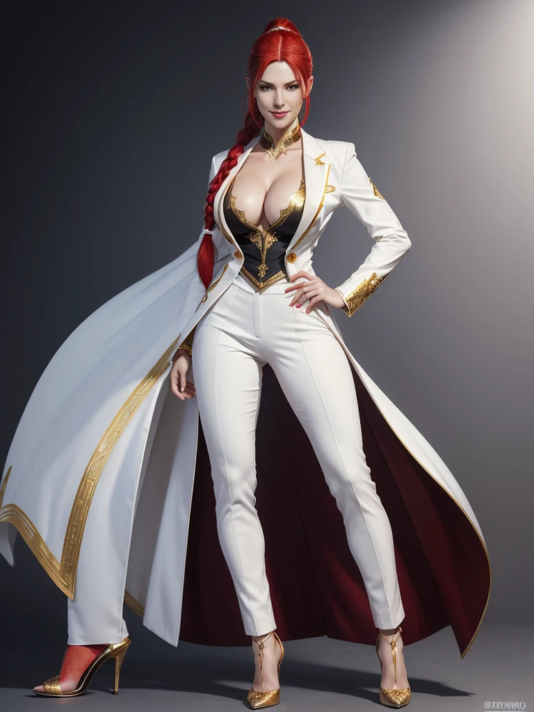 ((best quality)), ((4k)), ((highres)), ((masterpiece:1.2)). ((detailed)), ((ultra realistic)), ((intricate details)), ((full body picture)), ((character design sheet)), ((blank background)), ((standing in a blank background)), solo character, a full body shot of a sexy pale female, inhuman pale skin, pasty white skin, ((vampire pale skin))), ((ghostly pale skin like kratos from god of war)), redhead, ((vivid red hair)), SLEEK braided ponytail, ((SLEEK braided ponytail)), thin braid, slicked back hair, sexy and dangerous, evil smile on her face, ((evil smile)), about 30 years old, about 6'0 ft tall, athletic frame, character concept art, female executive, white blazer suit, white dress pants, work pants, white outfit with black details and gold adornments, ((predominantly white outfit)), ((showing cleavage)), gold office heels, ((GOLD HEELS)), fighting game character concept art, tekken character design, the king of fighters character concept