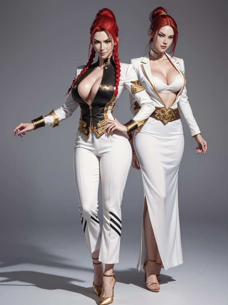 ((best quality)), ((4k)), ((highres)), ((masterpiece:1.2)). ((detailed)), ((ultra realistic)), ((intricate details)), ((full body picture)), ((character design sheet)), ((blank background)), ((standing in a blank background)), solo character, a full body shot of a sexy pale female, inhuman pale skin, pasty white skin, ((vampire pale skin))), ((ghostly pale skin like kratos from god of war)), redhead, ((vivid red hair)), SLEEK braided ponytail, ((SLEEK braided ponytail)), thin braid, slicked back hair, sexy and dangerous, evil smile on her face, ((evil smile)), about 30 years old, about 6'0 ft tall, athletic frame, character concept art, female executive, white blazer suit, white dress pants, work pants, white outfit with black details and gold adornments, ((predominantly white outfit)), ((showing cleavage)), gold office heels, ((GOLD HEELS)), fighting game character concept art, tekken character design, the king of fighters character concept