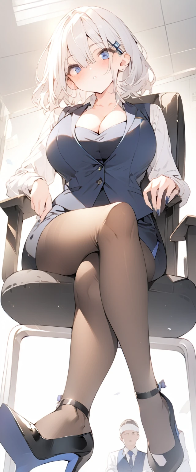 beautiful, masterpiece, Highest quality, anime, One girl, C Cup,Portrait Shot, View your viewers, Covered、Medium Hair、nearby、Blue Eyes、art、、White hair,Blue streaked hair、Beauty、officeレディ、short hair、black_officeスーツ)、new employee、Full Body Shot、Female office lady、break(Dark Blue Vest、Navy mini tight pencil skirt:1.2)、(blackのニーハイ、Absolute area、High heels)、break(office:1.3)、Cleavage、office、brown_tights、Sit cross-legged in a chair、Overbearing、Shooting from below、Provocative
