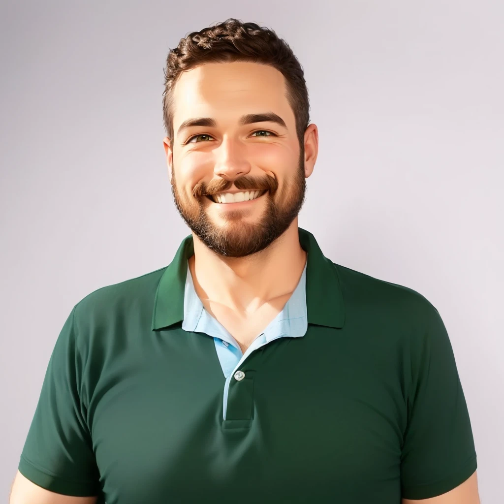 smiling man in green polo shirt with blue collar and beard, disney pixar style, fun style, Disney drawing style,