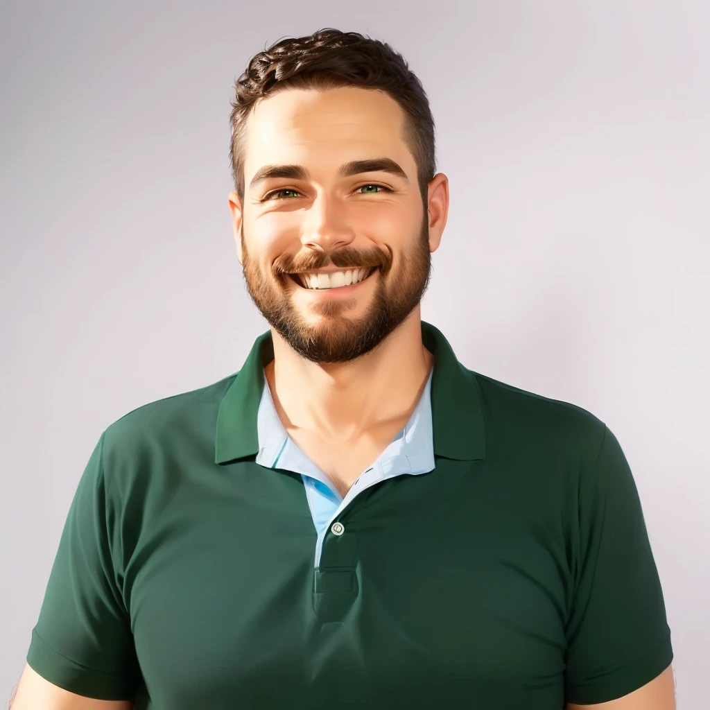 smiling man in green polo shirt with blue collar and beard, disney pixar style, fun style, Disney drawing style,
