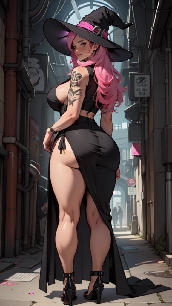 older woman, in their 30s, with long pink hair and tall, curvy body seen from behind, standing backwards, breasts big, Breasts huge, (work of art, best qualityer:1.2) wearing the legendary great black dress of the mystical sorceress, Big witch hat, standing alone, alone, cybernetic tattoo, pink massive hair
