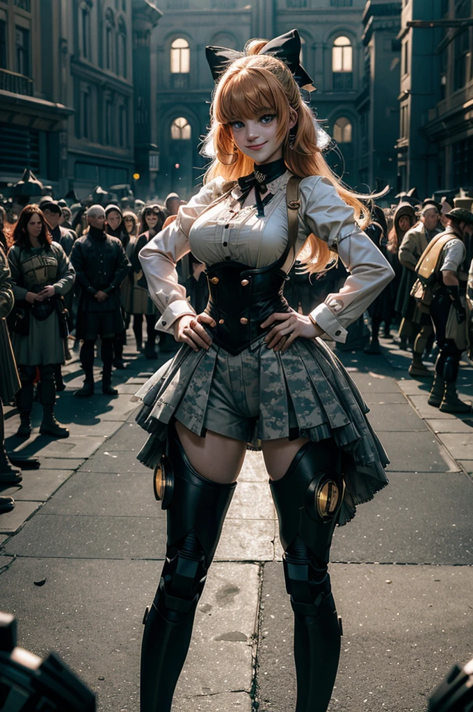 cowboy shot, dynamic pose, smile,  underbust, Penny Polendina, long hair, neck ribbon, yoga pants, corset, black bow, white blouse, mechanical legs, neon trim, standing outside palace, people arriving for lavish gala, hands on hips, large crowd, (((crowd in military dress))), (volumetric lighting), intricate details, tonemapping, sharp focus, hyper detailed, 

