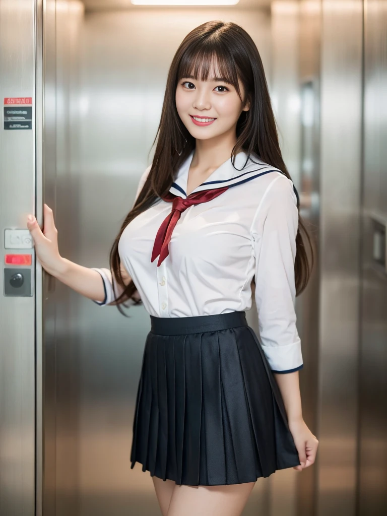((In a dimly lit elevator))、lewd smile、(Realistic、Realistic:1.37)、(masterpiece)、(Highest quality:1.4)、(Ultra-high resolution:1.2)、(RAW Photos:1.2)、(Sharp focus:1.3)、(stand:1.2)、elegant、(Ezvian Everywhere:1.2)、(A girl in an elaborate sailor suit and pleated skirt:1.3)、Japanese 、(30-year-old cosplays as a high school girl:1.1)、(smile:1.3)、(Makes hair shine:1.3)、 Brown haired、Long Hair、Medium Hair、Short pleated skirt、
(Big Breasts:1.2),、Beautiful and delicate eyes、 View your audience、(Photographer secretly taking pictures of underwear under a skirt、A woman smiles as she notices this)