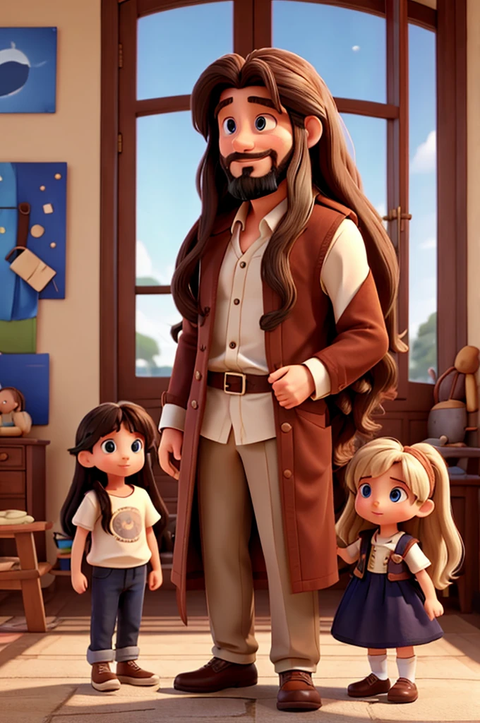 Long haired man with children around