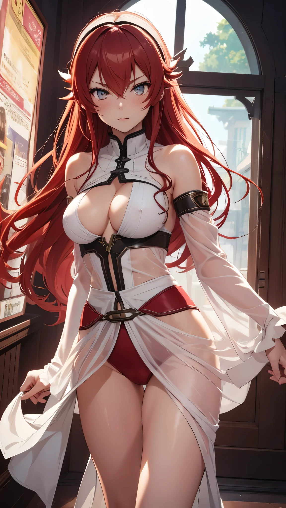 (best quality,highres:1.2),ultra-detailed,realistic,photorealistic:1.37,a beautiful girl (Eris Boreas Greyrat - Mushoku Tensei: Jobless Reincarnation) model in a pop style,18 years old,long legs,medium breasts,extremely detailed face (with emphasis on azure eyes),Her red-colored hair falls to her shoulders.She is dressed in soft translucent fabric clothes, more than half of her body is naked. The clothes emphasize her sexuality,bent down, lifting her ass to the top,more sexy pose,illustration,colorful pop art style,dynamic lighting,neon colors.Nsfw