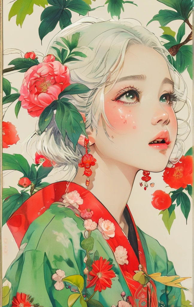 On a bright red campus"YES"Character、(masterpiece, best quality:1.2), 1 girl, Solitary，anime style，White hair, Girl with pink lips and light floral earrings puts finger on mouth，With the style of a top portrait painter, Yellow-green background.