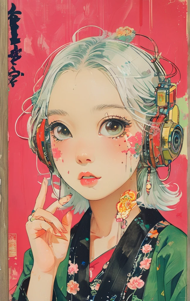 On a bright red campus"YES"Character、(masterpiece, best quality:1.2), 1 girl, Solitary,anime style,White hair, Girl with pink lips and light floral earrings puts finger on mouth,With the style of a top portrait painter, Yellow-green background.