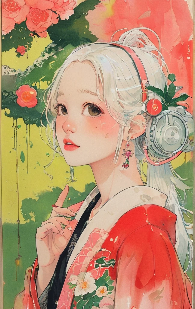 On a bright red campus"YES"Character、(masterpiece, best quality:1.2), 1 girl, Solitary,anime style,White hair, Girl with pink lips and light floral earrings puts finger on mouth,With the style of a top portrait painter, Yellow-green background.