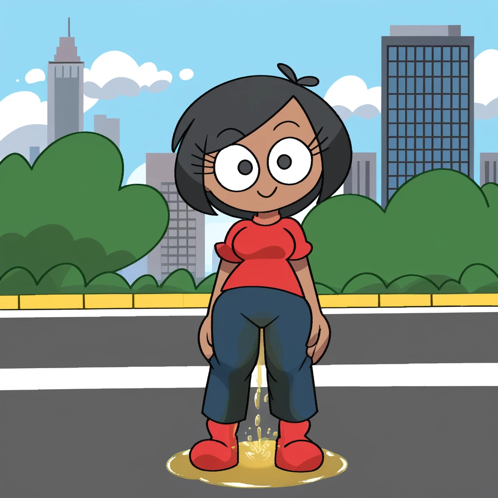 zPDXL, flat colors, cel shading, vector, shadows, clouds, source_cartoon, detailed background, green background, cityscape, park, sun, 1girl, solo, rob_(\vilepluff\), dark skin, eyelashes, medium breasts, black hair, bob cut, shiny skin, red shirt, blue pants, red shoes, standing, full body,, looking at viewer, smile,   ((wetting self, pee stains, yellow puddle))