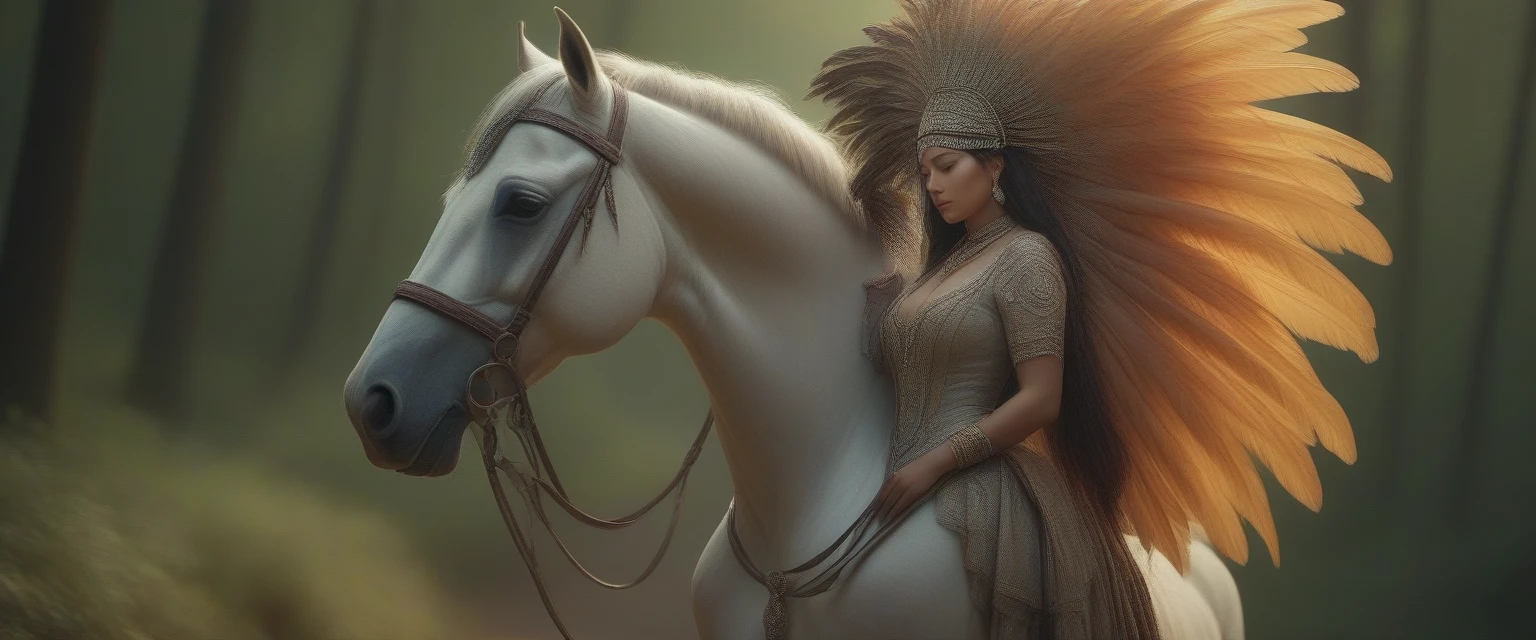 ((masterpiece)), ((best quality)), ((highres)), ((extremely detailed)), ((long shot, back view)), (super realistic), (peerless beauty), detailed skin texture, detailed cloth texture, beautiful detailed face, intricate details, ultra detailed, indigenes feather jewellery, feather headdress, traditional handmade dress, ((( large Percheron horse))), (((road in the middle of the forest))), ultra realistic, concept art, elegant, ((intricate)), ((highly detailed)), depth of field, ((professionally color graded)), soft ambient lighting, midday (Best quality, A high resolution, Photorealistic, primitive, 8K,Masterpiece, ),Best quality, Masterpiec8K.hdr. High ribs:1.2, filmgrain, Blur bokeh:1.10, Lens flare, (vivd colour:1.10), (Delicate),full complete side view of horse (head, hoofs, raised tail)