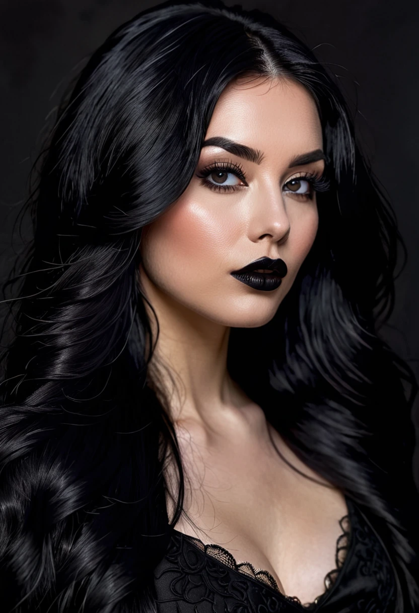 a closeup of a woman with long black hair and a black top, a portrait inspired by Jessie Alexandra Dick, reddit, conceptual art, dark hair and makeup, raven black hair, dark black hair, dark lipstick, long black hair, long wavy black fur, dark hair, dark hair, Jet black hair, dark hair