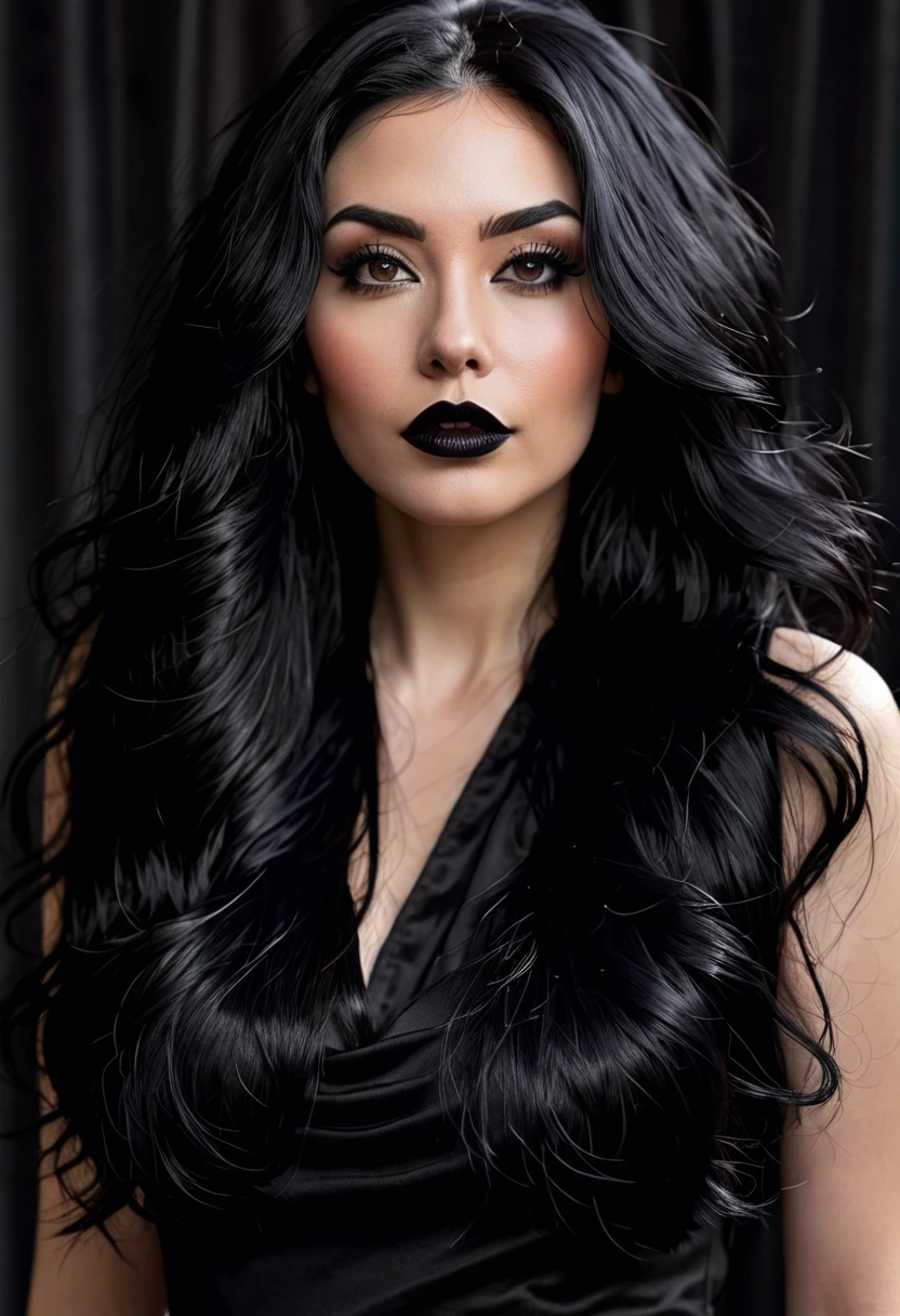 a closeup of a woman with long black hair and a black top, a portrait inspired by Jessie Alexandra Dick, reddit, conceptual art, dark hair and makeup, raven black hair, dark black hair, dark lipstick, long black hair, long wavy black fur, dark hair, dark hair, Jet black hair, dark hair