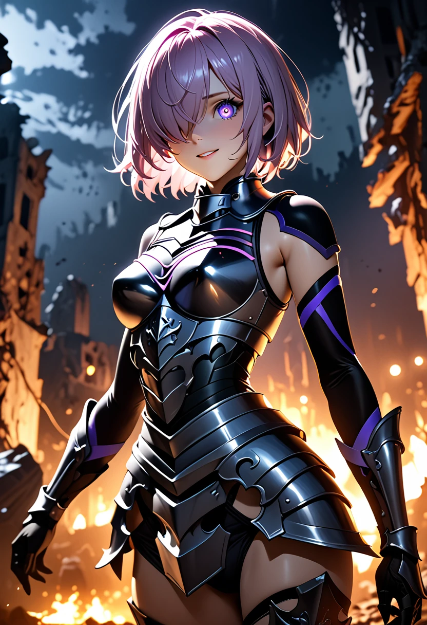 (masterpiece, top quality, best quality, beautiful and aesthetic:1.2), full body, extremely detailed, detailed face and eyes, cinematic light, depth of field, 1girl, seducing smile, solo, official, (armored knight:1.4), dark armor, mash kyrielight, light purple hair, short hair, hair over one eye, slim body, cinematic lighting, dramatic lighting, dramatic atmosphere, hyper-realistic, high resolution, stunning contrast, high quality, best quality, 8k, 4k, intricately detailed, (amazing details:1.2), highly detailed skin, powerful presence, vibrant colors, (detailed eyes:1.2), striking eyes, (detailed background), (warzone on background, night, ruins), (dynamic angle:1.2), (dynamic pose:1.2)