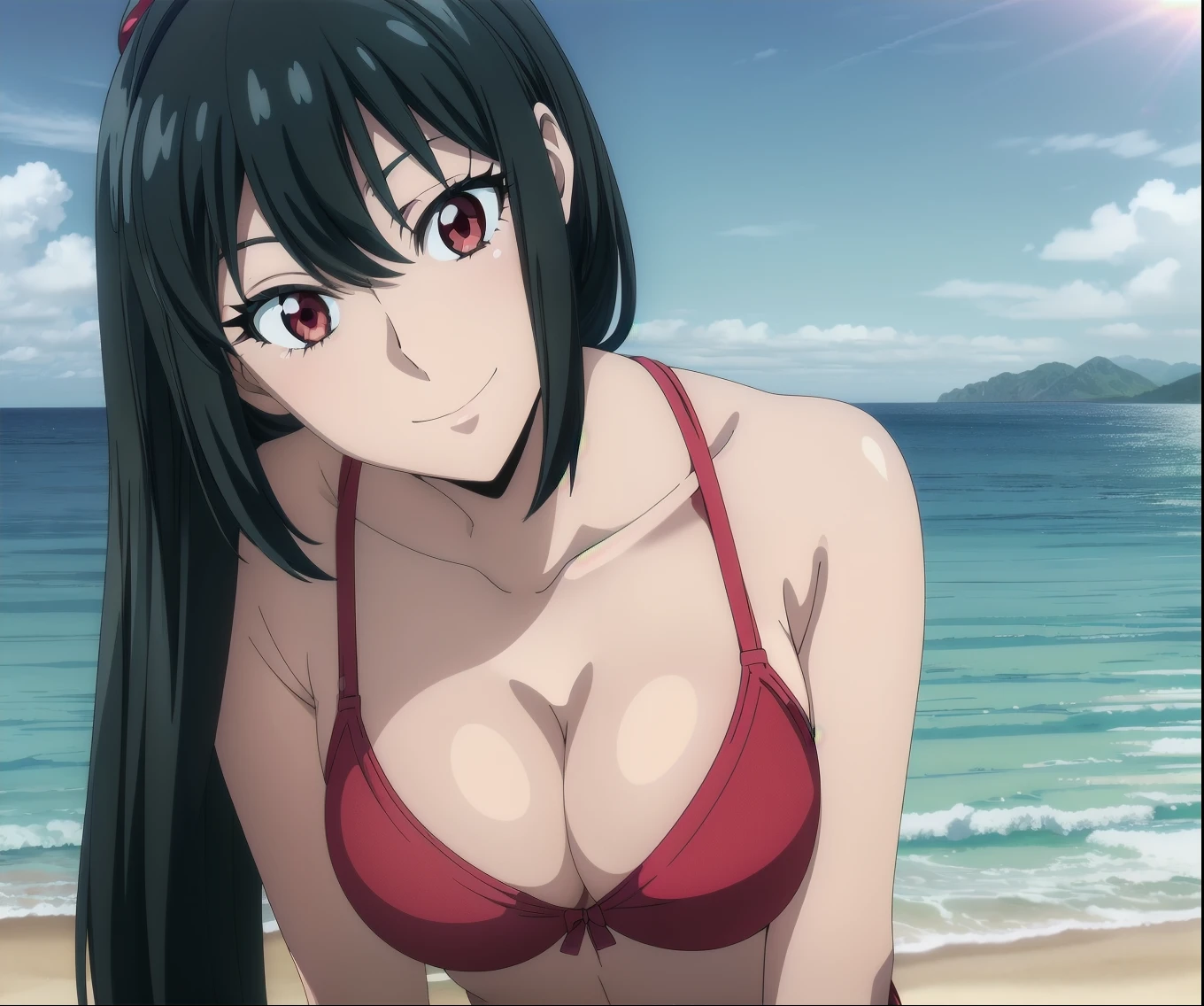 (masterpiece, best quality, high resolution, animescreencap, anime colored,), (beautiful detailed eyes, beautiful breast, shiny skin), a sexy mature anime lady standing, yor forger (spyXfamiily),((,bikini bra)), looking at viewer, ponytail,black hair,long hair, side bangs,red eyes, medium breasts, medium chest, cleavage, upper body, outdoors, beach, blue skies,clouds, sunlight,looking at viewer, smiling, solo, 1:2, 1girl 