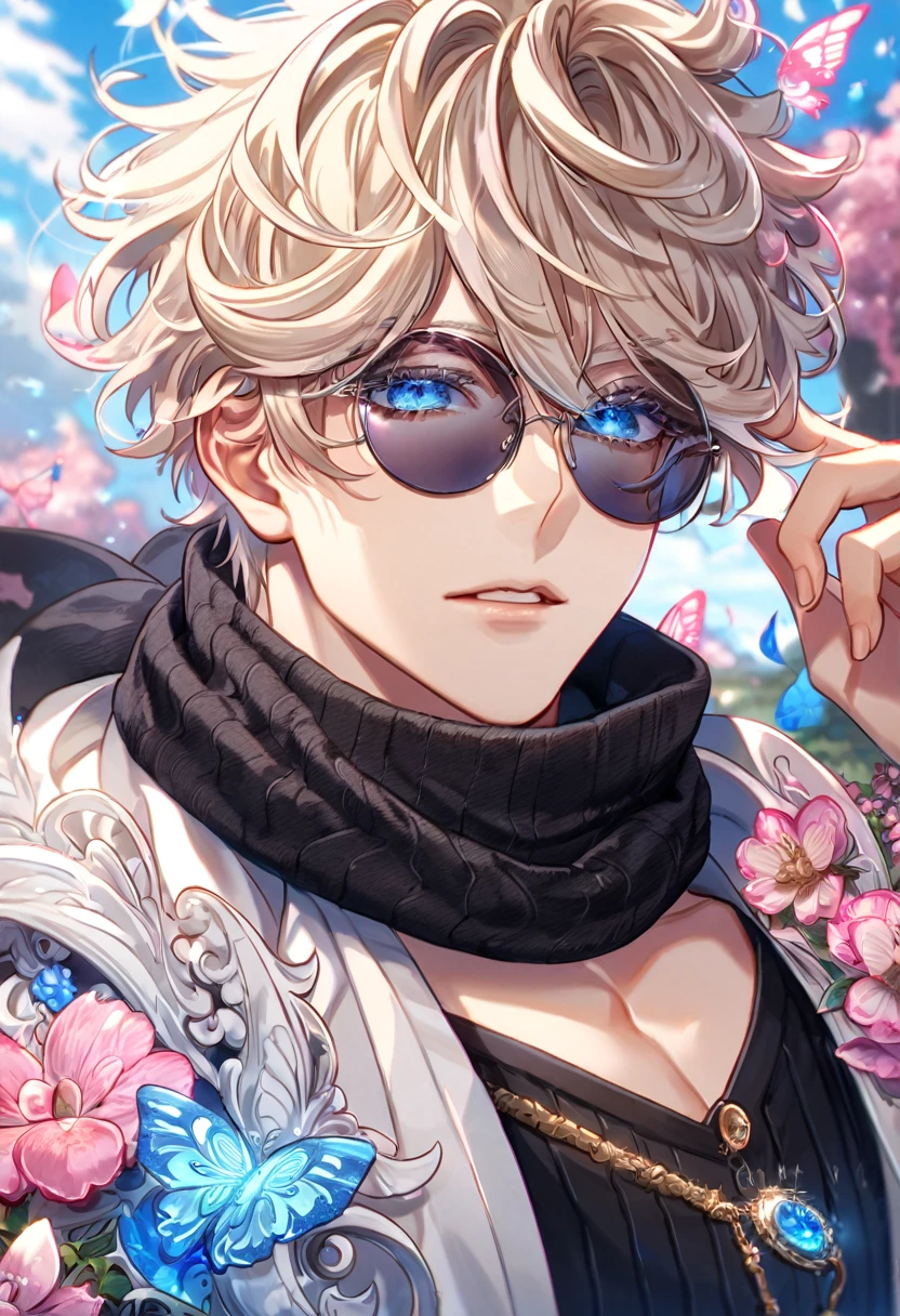 absurdres, highres, ultra detailed, HDR, master piece, best quality, extremely detailed face, delicated features, Gojou Satoru, ash blonde hair, messy hair, expressive blue eyes, Love Jinx, solo, sexy man, handsome, wearing black round sunglasses, white coat, black sweater, black scarf, fantasy, magical, radiant, blossoms, pink flowers, pink butterflies