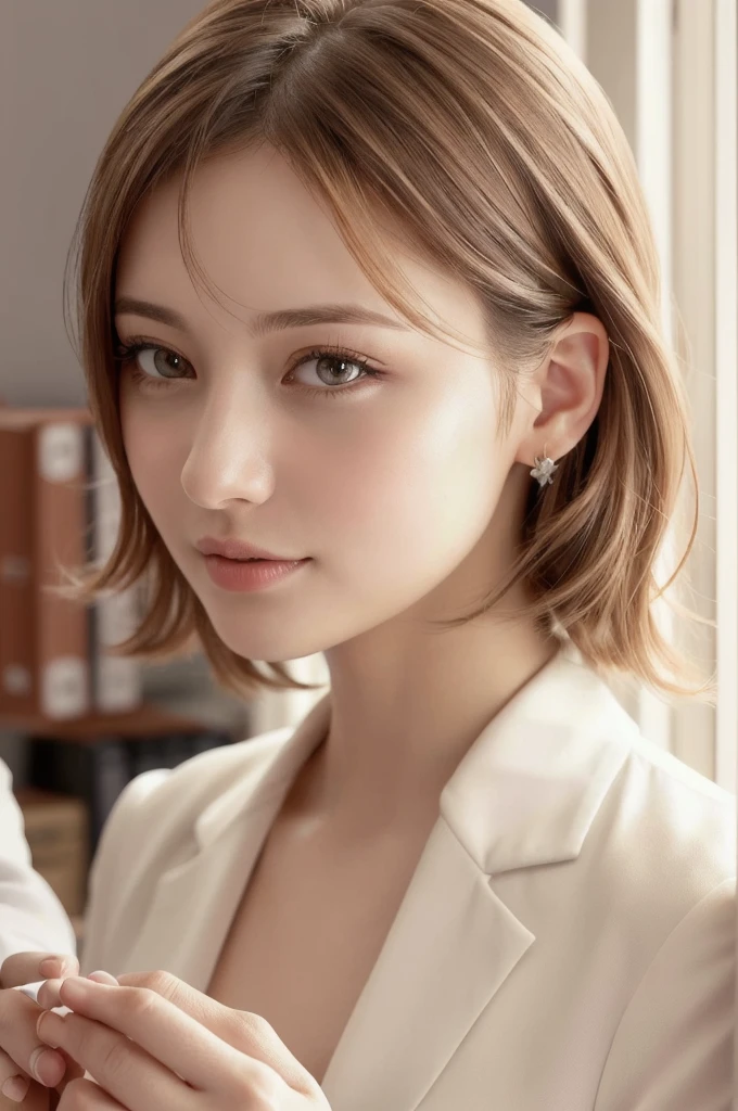 (RAW Photos, Highest quality), (Realistic, photo-Realistic:1.3), masterpiece, Very delicate and beautiful, Very detailed, CG, Unity , 2k wallpaper, wonderful, In detail, A light smile, Very detailed CG Unity 8k wallpaper, Large file size, Very detailedな, High resolution, Absurd, Soft Light, (((Medium Hair:1.3), Short bangs, NovaFrogStyle)), Beautiful detailed girl, Detailed fingers, Very detailed eyes and face, Beautiful and detailed nose, Beautiful details, Long eyelashes, Light on the face, Show Viewer,((Office Suits:1.5)), One Girl, cute, young, Adult face, (whole body:1.3), Realistic face, Realistic body, Beautiful thigh detail,
