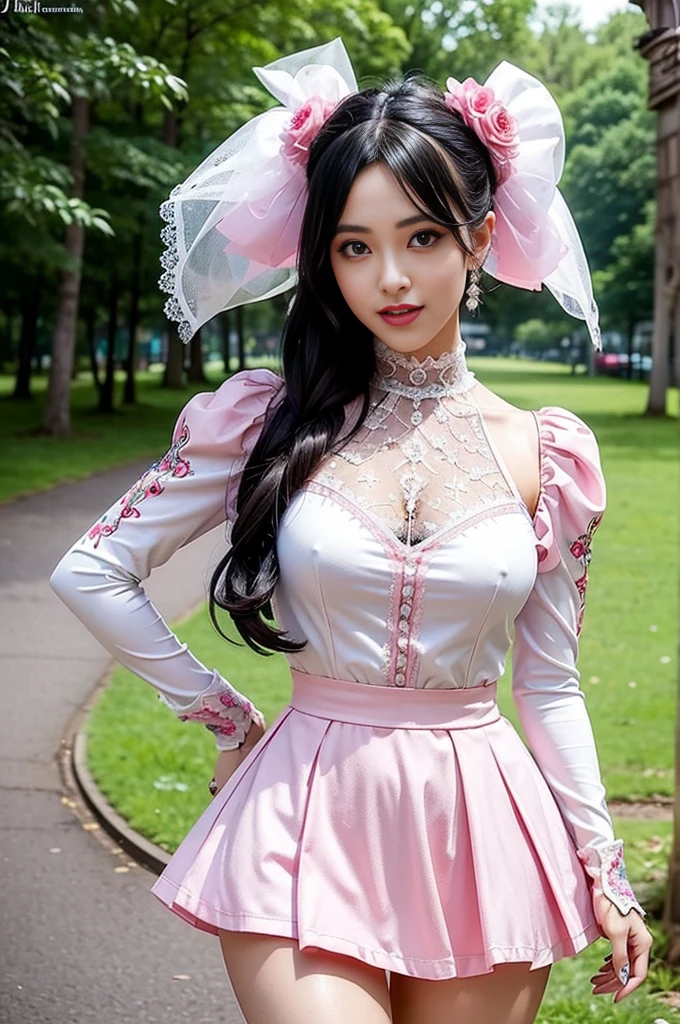 (nsfw), sexy stylish Swedish model, only 1 female, ((doll-like appearance)), short neon pink stylish hair, ((shiny Victorian-Style boots)), (big smile), ultra detailed eyes, vivid eye makeup, lip-gloss, long lashes, defined eyebrows, ((sexy Paradise Kiss cosplay)), bell-shaped skirt, petticoats, high neckline, puffed sleeves, ((ultra detailed lace)), ((ultra detailed embroidery)), intricate details, Paradise Kiss accessoires and matching headpiece, choker, ((large sparkling Paradise Kiss jewelry)), cinematic light, detailed large park background with trees