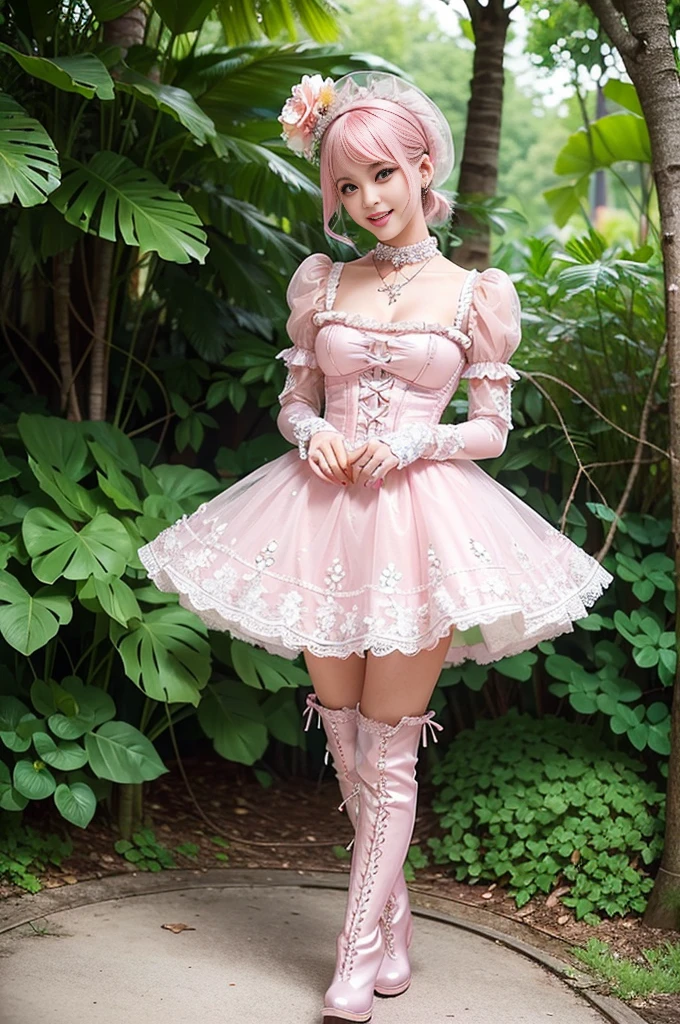 (nsfw), sexy stylish Swedish model, only 1 female, ((doll-like appearance)), short neon pink stylish hair, ((shiny Victorian-Style boots)), (big smile), ultra detailed eyes, vivid eye makeup, lip-gloss, long lashes, defined eyebrows, ((sexy Paradise Kiss cosplay)), bell-shaped skirt, petticoats, high neckline, puffed sleeves, ((ultra detailed lace)), ((ultra detailed embroidery)), intricate details, Paradise Kiss accessoires and matching headpiece, choker, ((large sparkling Paradise Kiss jewelry)), cinematic light, detailed large park background with trees
