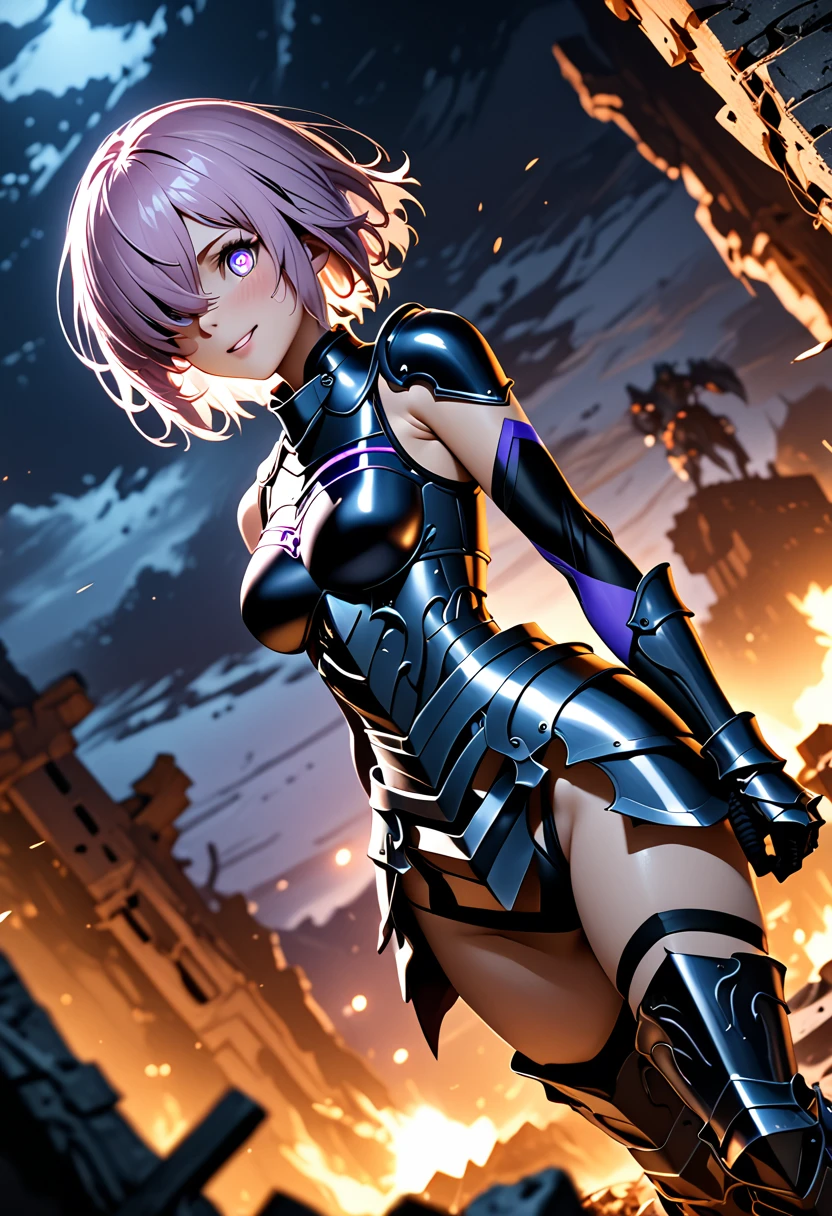 (masterpiece, top quality, best quality, beautiful and aesthetic:1.2), full body, extremely detailed, detailed face and eyes, cinematic light, depth of field, 1girl, seducing smile, solo, official, (armored knight:1.4), dark armor, mash kyrielight, light purple hair, short hair, hair over one eye, slim body, cinematic lighting, dramatic lighting, dramatic atmosphere, hyper-realistic, high resolution, stunning contrast, high quality, best quality, 8k, 4k, intricately detailed, (amazing details:1.2), highly detailed skin, powerful presence, vibrant colors, (detailed eyes:1.2), striking eyes, (detailed background), (warzone on background, night, ruins), (dynamic angle:1.2), (dynamic pose:1.2)