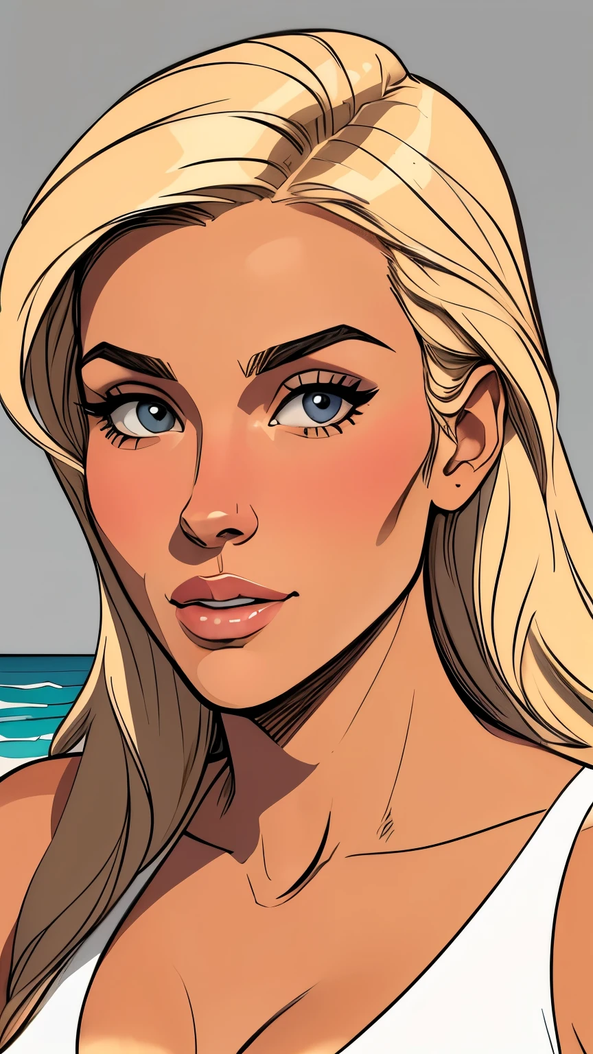 Flat colors, close up, Portrait of a 25 year old surfer looking girl, tan skin, beach blonde salty hair, natural beaty, beautiful, Cleavage, (([Simply grey Background]))