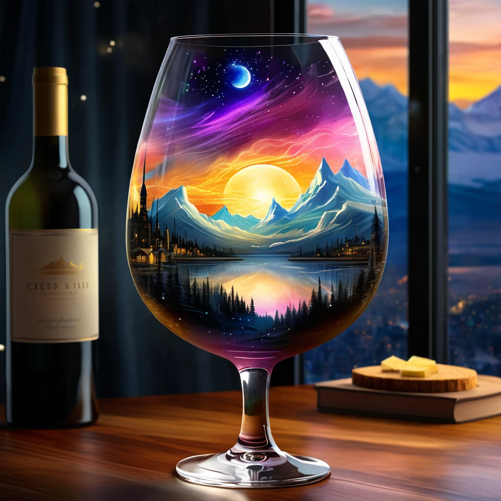 Create a celestial scene within a wine glass, featuring a surreal landscape with mountains and an aurora sky. The background includes a glowing sunset and cityscape. The style should be fantasy with ethereal elements.