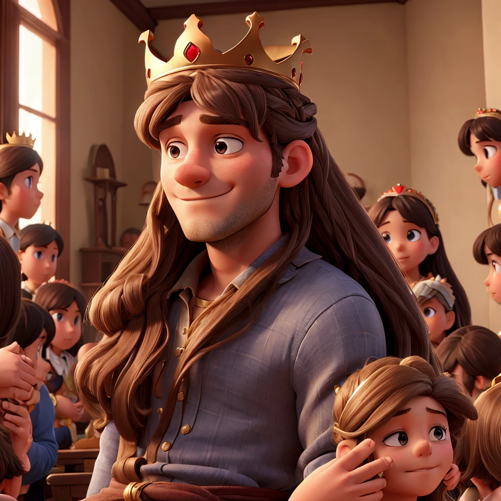 Man with long hair with crown on his head with many children around